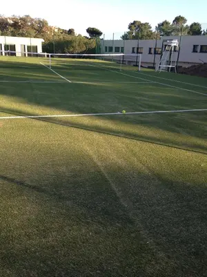 a tennis court with a tennis ball on the court at Résidence Terre et Mer in Sainte-Lucie de Porto-Vecchio
