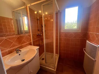 a bathroom with a sink and a shower at CEDRAT in Porto-Vecchio