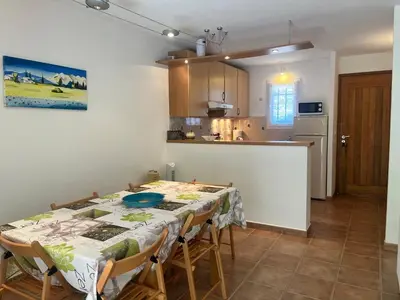 a kitchen and dining room with a table and chairs at CEDRAT in Porto-Vecchio