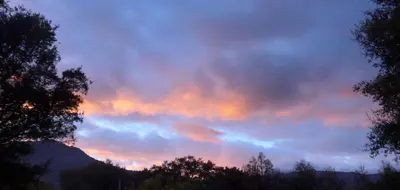 a cloudy sky at sunset with trees in the foreground at Luna verde in Porto-Vecchio