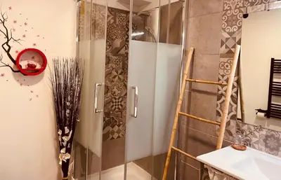 a shower with a glass door in a bathroom at Hôtel U Passa Tempu in Corte