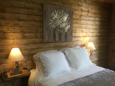 a bedroom with wooden walls and a bed with two lamps at Gîtes les Chalets Vezzani Spa in Vezzani
