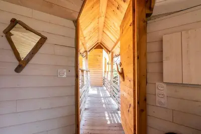 a hallway in a log cabin with a wooden ceiling at Cabane Dans les Arbres, Domaine de l Ogliastru in Olmeto
