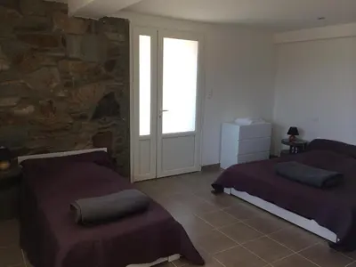 a bedroom with two beds and a stone wall at Casa Suprana in Partinello
