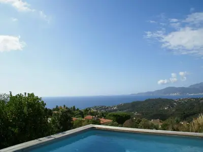 a swimming pool with a view of the ocean at Sunset Villa with Bay View in Molini