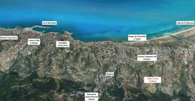a map of a mountain with cities on it at Villa Altea- Lido Marana - piscine privée exclusive - plage à pied - 3 bedrooms house - private swimming pool - beach access on foot in Bastia