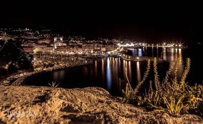 a view of a harbor at night with a city at Villa Altea- Lido Marana - piscine privée exclusive - plage à pied - 3 bedrooms house - private swimming pool - beach access on foot in Bastia