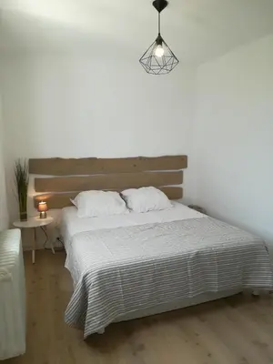a bedroom with a large bed with a wooden headboard at Appartement Lumineux Vue Panoramique in Ajaccio