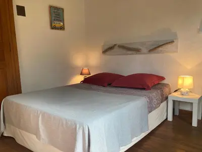 a bedroom with a bed with two red pillows at Casa a Stretta in Castello-di-Rostino