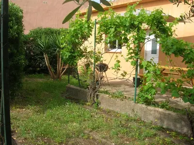 a garden with trees in front of a house at Casapiana in Porto-Vecchio