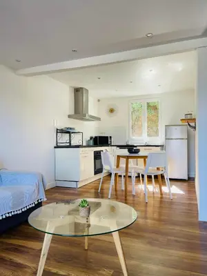 a kitchen and living room with a table and chairs at Propriété Malva appartement margherita in Alata