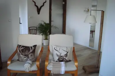 two chairs with deer head pillows on them at Rustica in Prunete