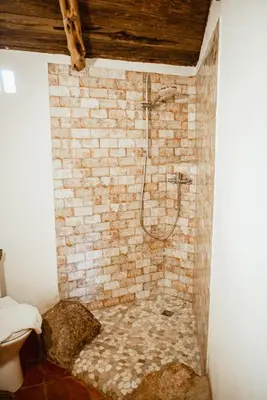 a bathroom with a shower with a brick wall at Ranch Campo Palombaggia in Porto-Vecchio