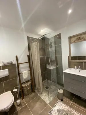 a bathroom with a shower and a toilet and a sink at Hotel gite d'etape San Pasquale in Conca
