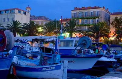 a group of boats docked in a harbor at night at Magnifique appartement devant la plage in Propriano
