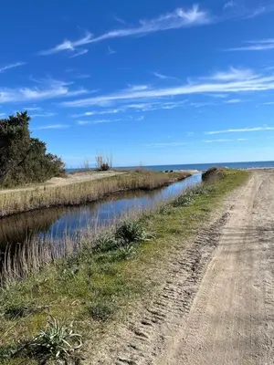 a dirt road next to a body of water at MAISONS BORD DE MER- MARINE DE SORBO - Gîtes 3 épis in Pinarellu