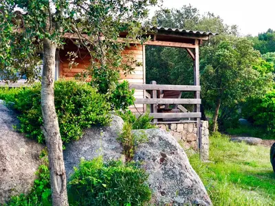 a small cabin with a fence and a tree at A Casetta in Pianottoli-Caldarello