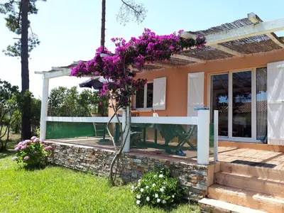 a house with purple flowers on the side of it at Mini Villa à 100m de la mer avec prise de recharge élec privative in Sari Solenzara
