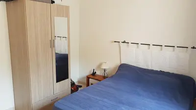 a bedroom with a blue bed and a wooden cabinet at Mini Villa à 100m de la mer avec prise de recharge élec privative in Sari Solenzara