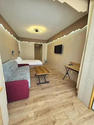 a room with a bed and a table and a tv at Hôtel le Colibri in Lucciana