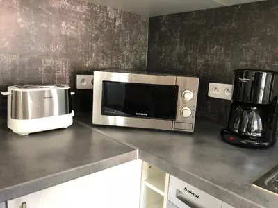 a microwave sitting on top of a kitchen counter at Charmant F2 dans joli village Corse in Omessa
