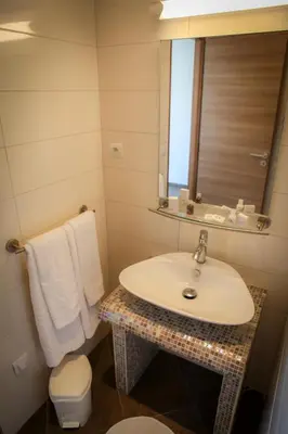 a bathroom with a sink and a mirror and a toilet at Valinco Locations OLMETO PLAGE in Olmeto