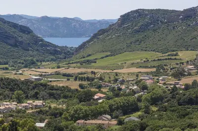 a village in a valley with a lake and mountains at Résidence Odalys Casa d'Orinaju in Oletta