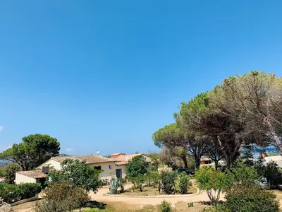 a bedroom with a bed and a large window at Bungalows Filippi in Porto-Vecchio