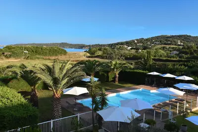 an outdoor swimming pool with umbrellas and palm trees at Hôtel Les Lentisques in Cargèse