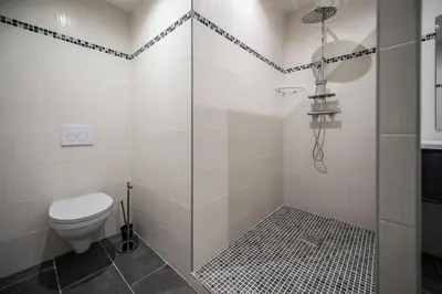 a bathroom with a toilet and a glass shower at T2 vue sur le golfe d'Ajaccio in Porticcio