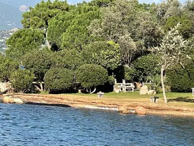 a swimming pool with a rock in the middle of it at Maranatha, front de mer avec plage in Porto-Vecchio