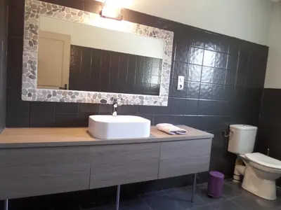 a bathroom with a sink and a mirror and a toilet at Villa piscine vue mer in Pietrosella