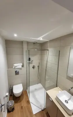 a bathroom with a shower and a toilet and a sink at Le Royal Hôtel Restaurant in Bonifacio
