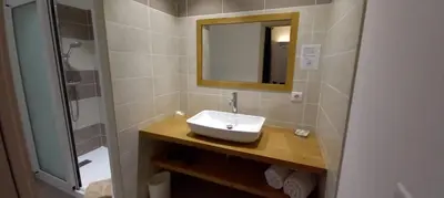 a bathroom with a sink and a mirror and a shower at Hôtel du Golfe in Bonifacio