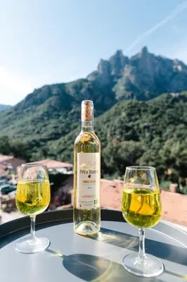 two wine glasses sitting on a table with a bottle of wine at Le Vaita in Porto Ota
