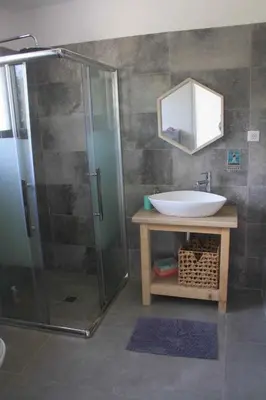 a bathroom with a glass shower and a sink at Résidence U Rapalinu in Molini