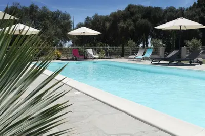 a swimming pool with chairs and umbrellas at Hôtel Des Nacres in Ventiseri