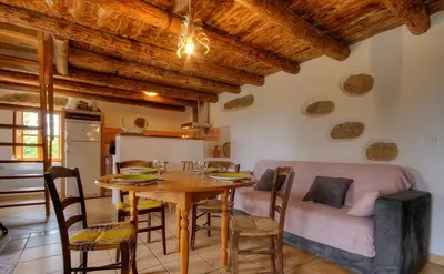 a kitchen and dining room with a table and chairs at Gîte à Piscia de Figari Petru Barbara in Figari