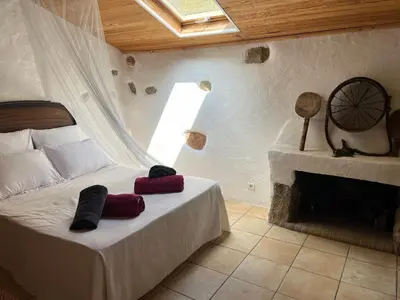 a bedroom with a bed in a room with a fireplace at Caseddu di Chjarastella in Figari