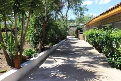 a sidewalk with palm trees and a building at Hotel Arcu Di Sole in Propriano