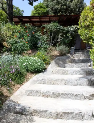 a stone path in a garden with flowers at Les Bungalows de Figha in Tarcu