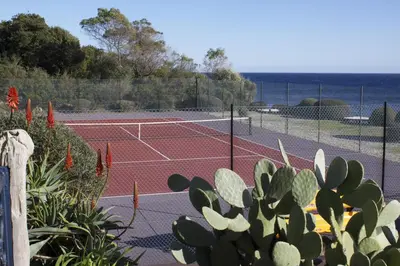 a tennis court with a tennis court at Les Bungalows de Figha in Tarcu