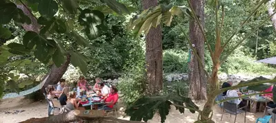 a group of people sitting at tables under trees at CASA Piana in Cervione