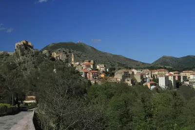 a city on top of a hill with a town at Hotel de La Paix in Corte