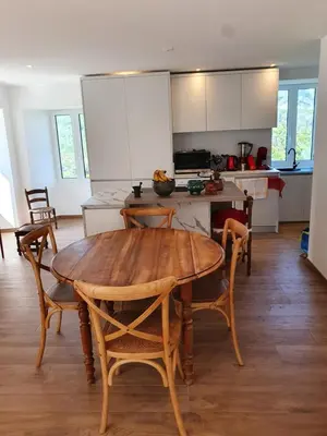 a kitchen with a wooden table and chairs in a room at English Club in Corsica B&B in Porri