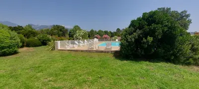 a view of a swimming pool with pink and white flowers at Residence Riviera in Porto-Vecchio