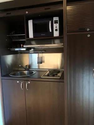 a kitchen with a microwave and a sink at Hotel Corsica - Porto Corse in Porto Ota