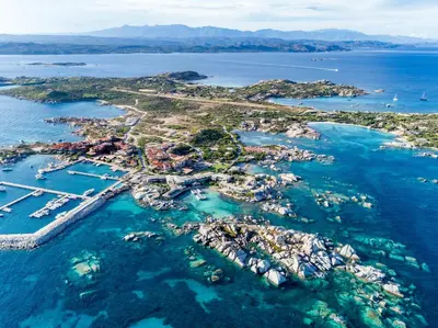 an aerial view of a small island in the water at Hotel & SPA des Pecheurs in Bonifacio