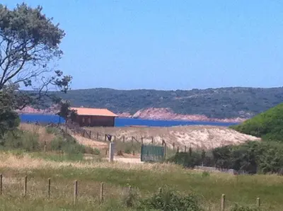 a field with a barn and a body of water at Residence les Bell'ombres in Cargèse