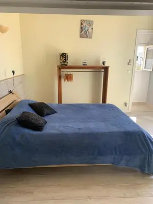 a bedroom with a bed with a blue blanket at Sables de biguglia cordon lagunaire in Borgo